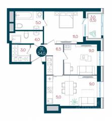 ЖК «Русич Кантемировский», планировка 2-комнатной квартиры, 54.00 м²