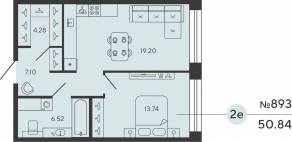 ЖК «Bashni Element», планировка 1-комнатной квартиры, 50.84 м²