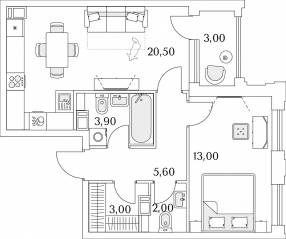 ЖК «Тайм Сквер», планировка 1-комнатной квартиры, 49.50 м²