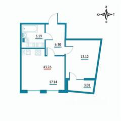 ЖК «Левитан», планировка 1-комнатной квартиры, 43.26 м²