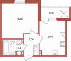 ЖК «Патио», планировка 1-комнатной квартиры, 35.87 м²