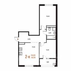 ЖК «Новое Летово», планировка 2-комнатной квартиры, 58.30 м²