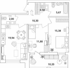 ЖК «Cube», планировка 2-комнатной квартиры, 71.00 м²