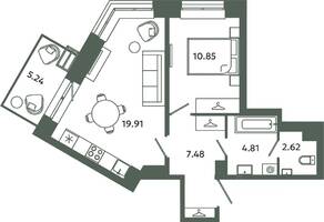 ЖК «Загляденье», планировка 1-комнатной квартиры, 45.67 м²