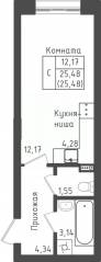 ЖК «Зеленый Оазис-Город», планировка студии, 25.48 м²