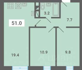 МЖК «Южная Долина», планировка 2-комнатной квартиры, 51.00 м²