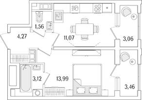 ЖК «Гранат», планировка 1-комнатной квартиры, 37.27 м²