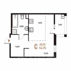 ЖК «Новое Летово», планировка студии, 34.70 м²
