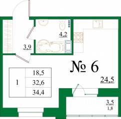 ЖК «Орловский бульвар», планировка студии, 34.40 м²