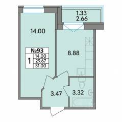 ЖК «Рождественский квартал», планировка 1-комнатной квартиры, 31.00 м²