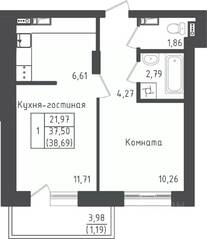 ЖК «Зеленый Оазис-Город», планировка 1-комнатной квартиры, 38.45 м²