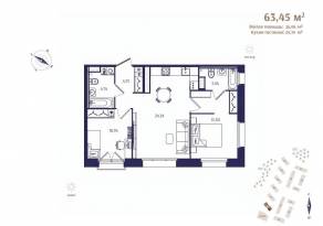 ЖК «Ranta Residence», планировка 2-комнатной квартиры, 63.45 м²