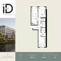 ЖК «ID Petrogradskaya», планировка 2-комнатной квартиры, 63.30 м²