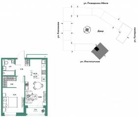 ЖК «Страна.Парковая», планировка 2-комнатной квартиры, 44.34 м²