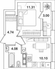 ЖК «БелАрт», планировка 1-комнатной квартиры, 31.70 м²