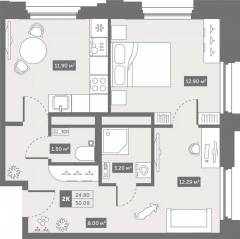 Апарт-комплекс «Avenue Apart Pulkovo», планировка 2-комнатной квартиры, 50.09 м²