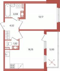 ЖК «Патио», планировка 1-комнатной квартиры, 44.01 м²