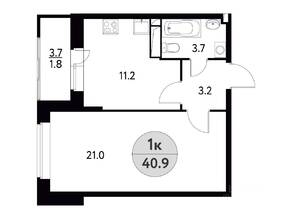 ЖК «Солнечная долина» (Щелково), планировка 1-комнатной квартиры, 40.90 м²