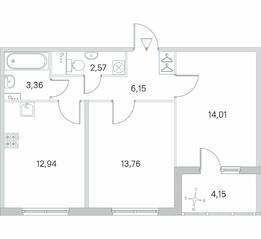 МЖК «Любоград», планировка 2-комнатной квартиры, 54.87 м²