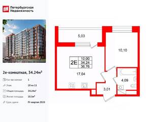 ЖК «Титул в Московском», планировка 1-комнатной квартиры, 34.24 м²