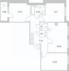 МЖК «Любоград», планировка 3-комнатной квартиры, 77.08 м²