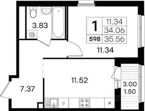 ЖК «GloraX Парголово», планировка 1-комнатной квартиры, 36.40 м²