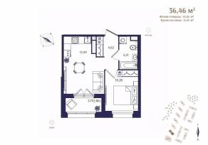 ЖК «Ranta Residence», планировка 1-комнатной квартиры, 36.46 м²