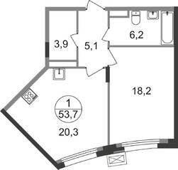ЖК «Резиденции Сколково», планировка 1-комнатной квартиры, 53.70 м²
