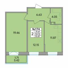 ЖК «Рождественский квартал», планировка 2-комнатной квартиры, 55.87 м²