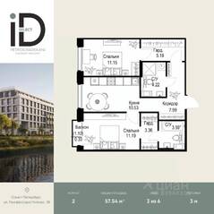 ЖК «ID Petrogradskaya», планировка 2-комнатной квартиры, 57.54 м²
