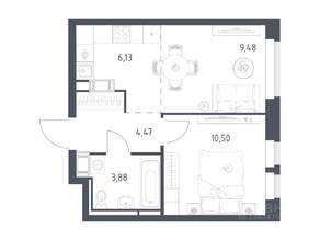 ЖК «Большое Путилково», планировка 1-комнатной квартиры, 34.46 м²