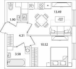 ЖК «Кинопарк», планировка 1-комнатной квартиры, 33.80 м²