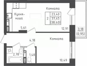 ЖК «Зеленый Оазис-Город», планировка 1-комнатной квартиры, 38.40 м²