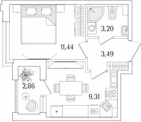 ЖК «Гранат», планировка 1-комнатной квартиры, 28.87 м²