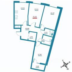 ЖК «Левитан», планировка 3-комнатной квартиры, 75.35 м²