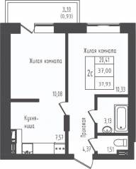 ЖК «Зеленый Оазис-Город», планировка 1-комнатной квартиры, 37.93 м²