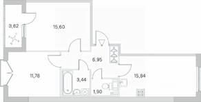 МЖК «Любоград», планировка 2-комнатной квартиры, 57.32 м²