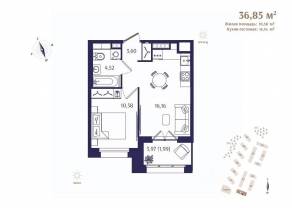ЖК «Ranta Residence», планировка 1-комнатной квартиры, 36.85 м²