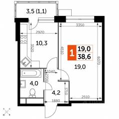 МФК «Датский квартал», планировка 1-комнатной квартиры, 38.50 м²
