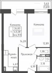 ЖК «Зеленый Оазис-Город», планировка 1-комнатной квартиры, 44.97 м²