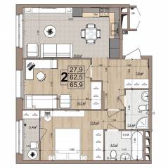 ЖК «Гранд Комфорт», планировка 2-комнатной квартиры, 65.90 м²