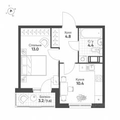 ЖК «Клюква.Парк», планировка 1-комнатной квартиры, 34.20 м²