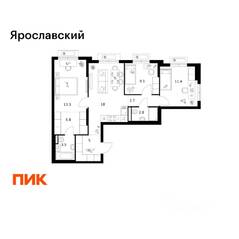 ЖК «Ярославский», планировка 3-комнатной квартиры, 70.60 м²