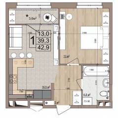 ЖК «Гранд Комфорт», планировка 1-комнатной квартиры, 42.90 м²