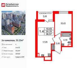 ЖК «Город звезд», планировка 1-комнатной квартиры, 35.25 м²