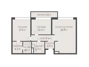 ЖК «Vnukovo Country Club», планировка 3-комнатной квартиры, 87.50 м²