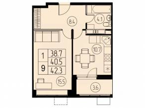ЖК «River Park», планировка 1-комнатной квартиры, 40.50 м²