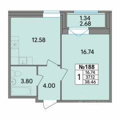 ЖК «Рождественский квартал», планировка 1-комнатной квартиры, 38.46 м²