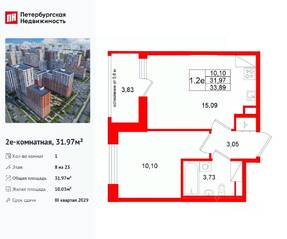 ЖК «Город звезд», планировка 1-комнатной квартиры, 31.97 м²