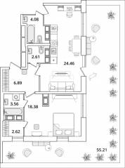 ЖК «БелАрт», планировка 2-комнатной квартиры, 54.20 м²